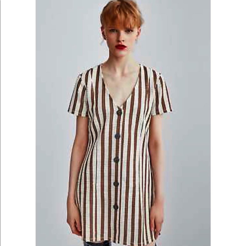 Zara Trafaluc Brown White Full Button Mini Dress S
